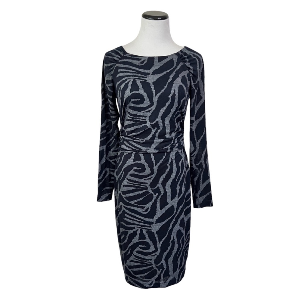 David Meister gray zebra animal print long sleeve dress size 4